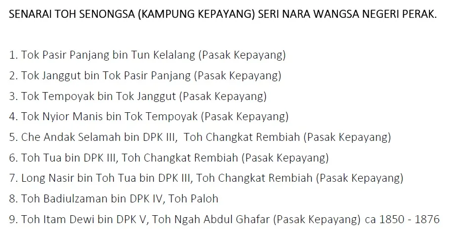 Toh Senongsa Seri Nara Wangsa ke 9 Toh Itam Dewi bin Panglima Kinta Ngah Gapor