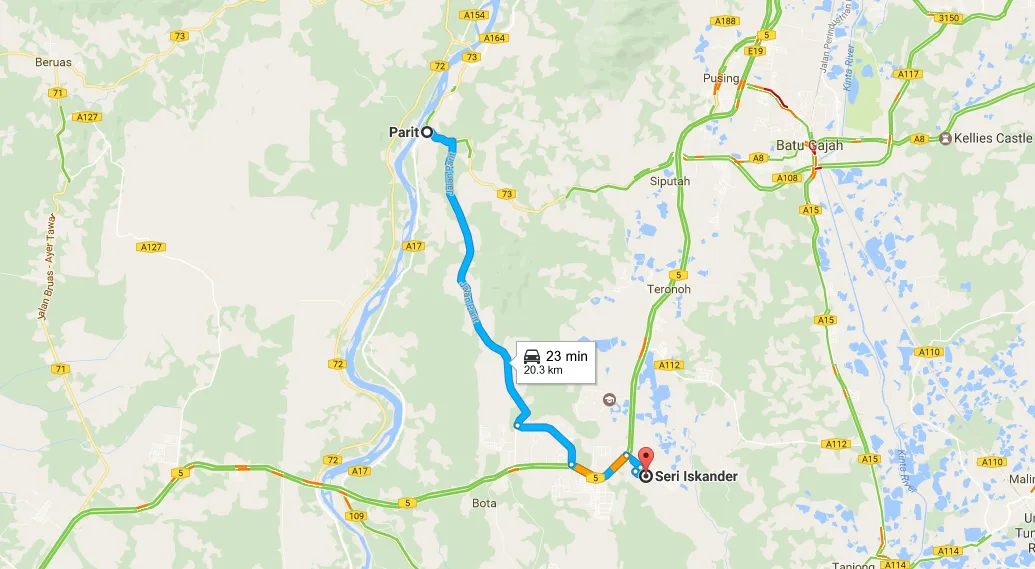 Map of the route from Seri Iskandar to Parit