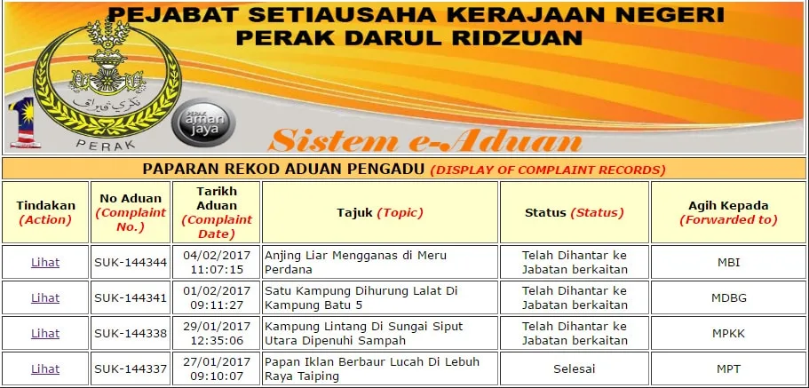status aduan e-aduan perak
